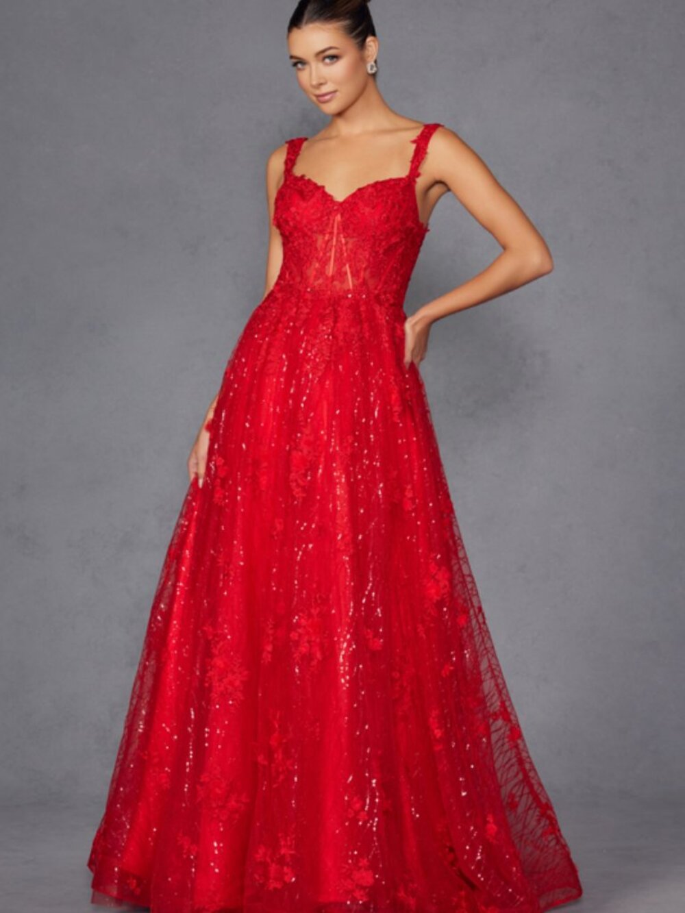 NEW SLEEVELESS A-LINE FLORAL LACE EMBELLISHED PROM DRESS W/ LACE UP BACK JT2495A